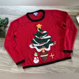 Laura Scott Festive Red Christmas Sweater with Tree Snowman Gift Design. Size L